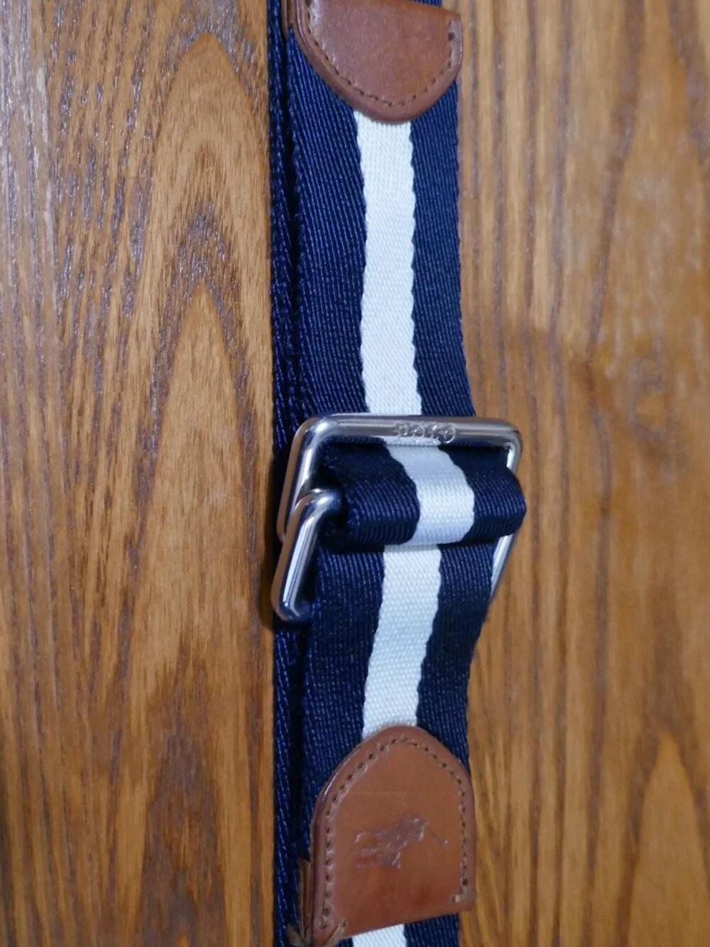 Polo Ralph Lauren Navy and White Striped Fabric Webbed Belt Leather Trim 42